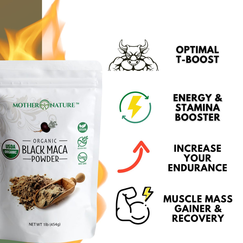 Mother Nature Organics Maca Powder in coffee cup for natural energy boost