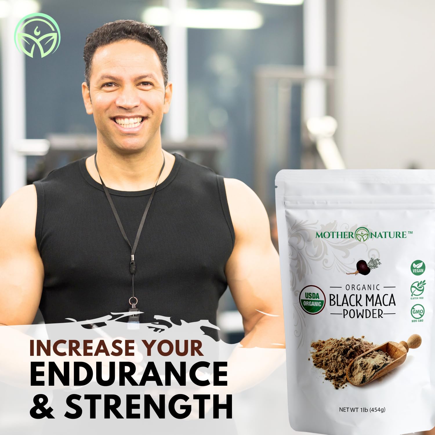 Mother Nature Organics Maca Powder scoop measuring a daily dose
