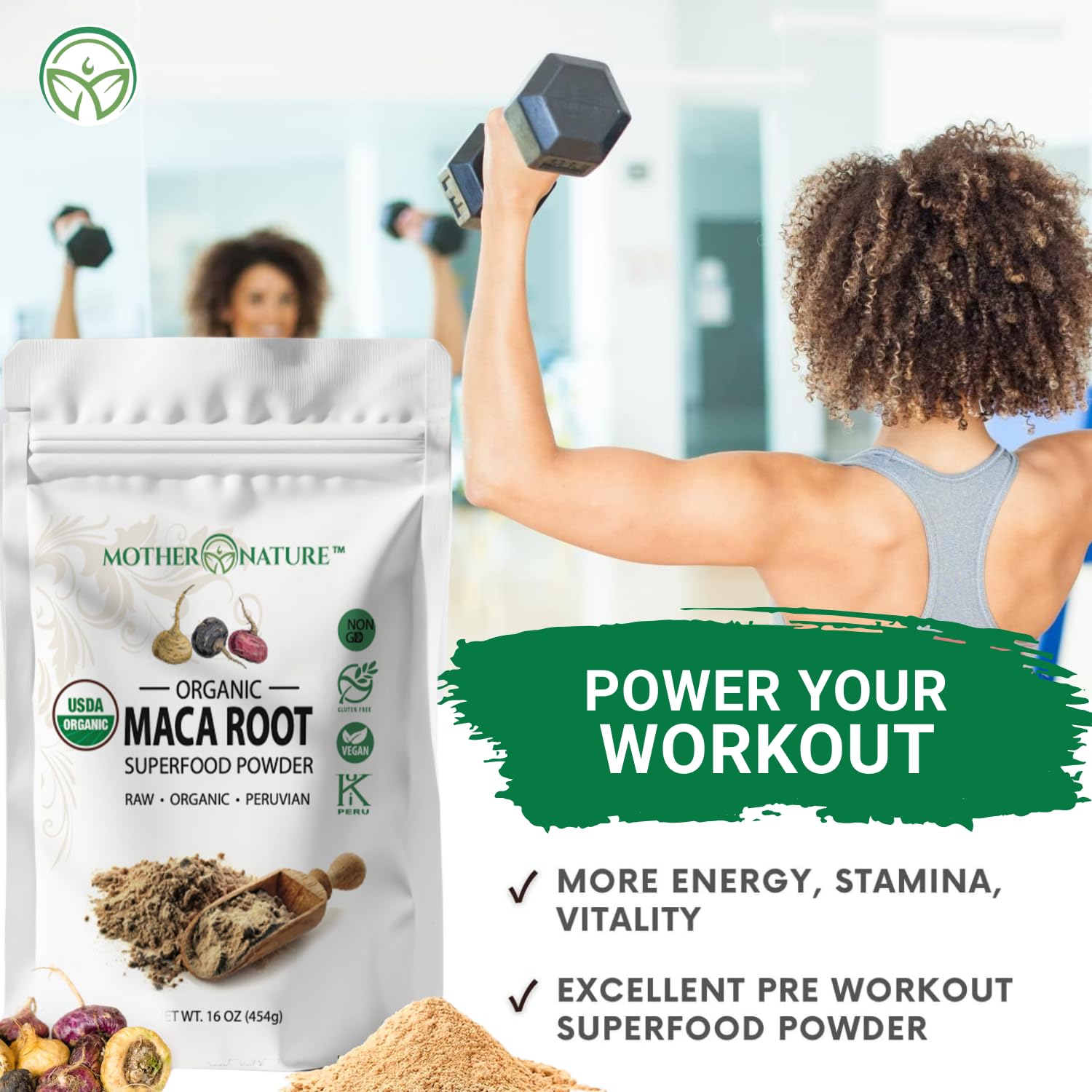 Mother Nature Organics maca powder scoop for smoothies and shakes