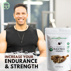 Mother Nature Organics Maca Powder scoop measuring a daily dose