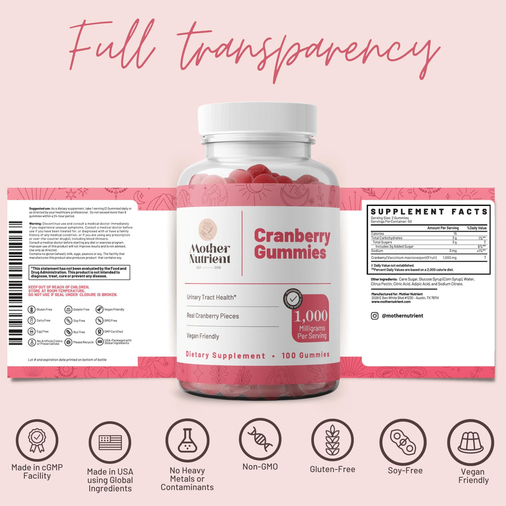 Mother Nutrient Cranberry Gummies box exterior side view emphasizes value and count.