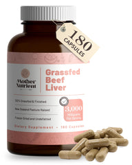 Mother Nutrient grass-fed beef liver capsules bottle close-up, highlighting convenient daily nutrition.