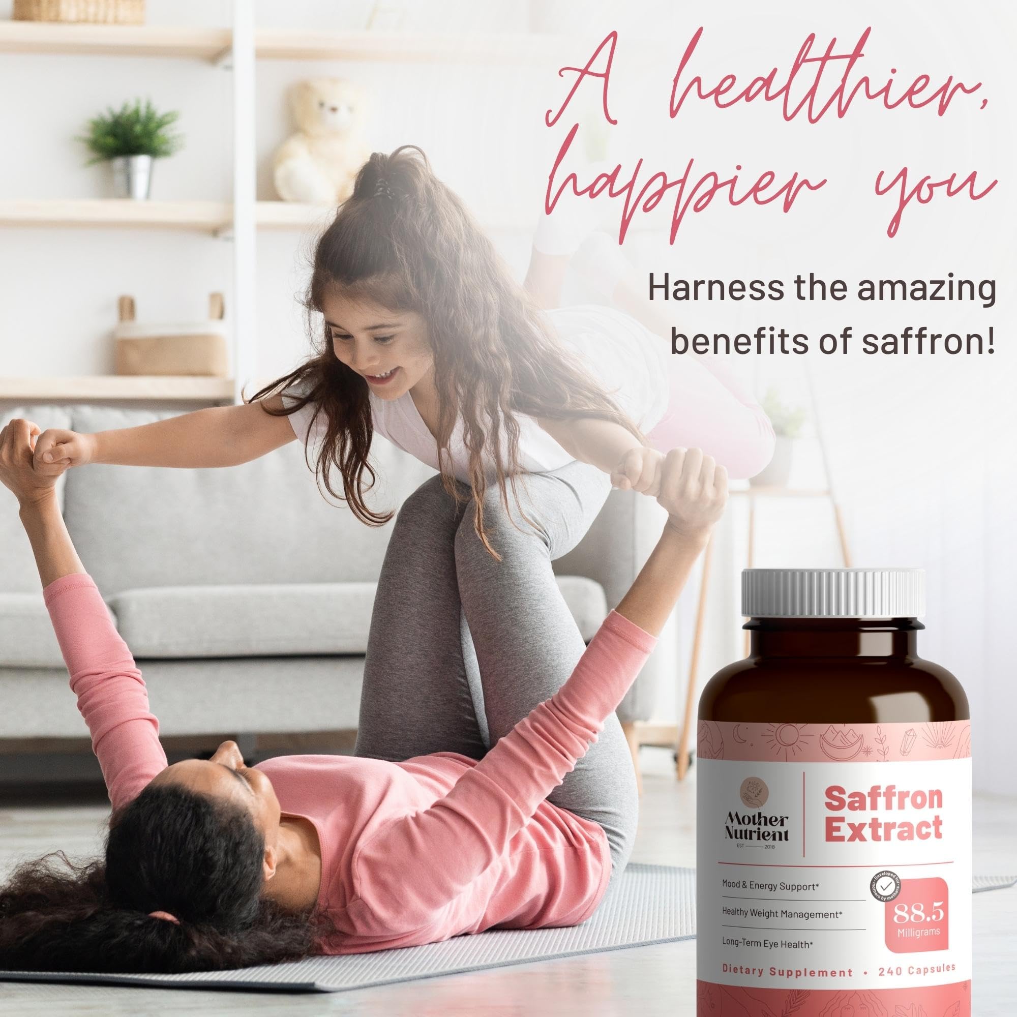 Mother Nutrient saffron capsules close-up for vegan, non-GMO daily use.