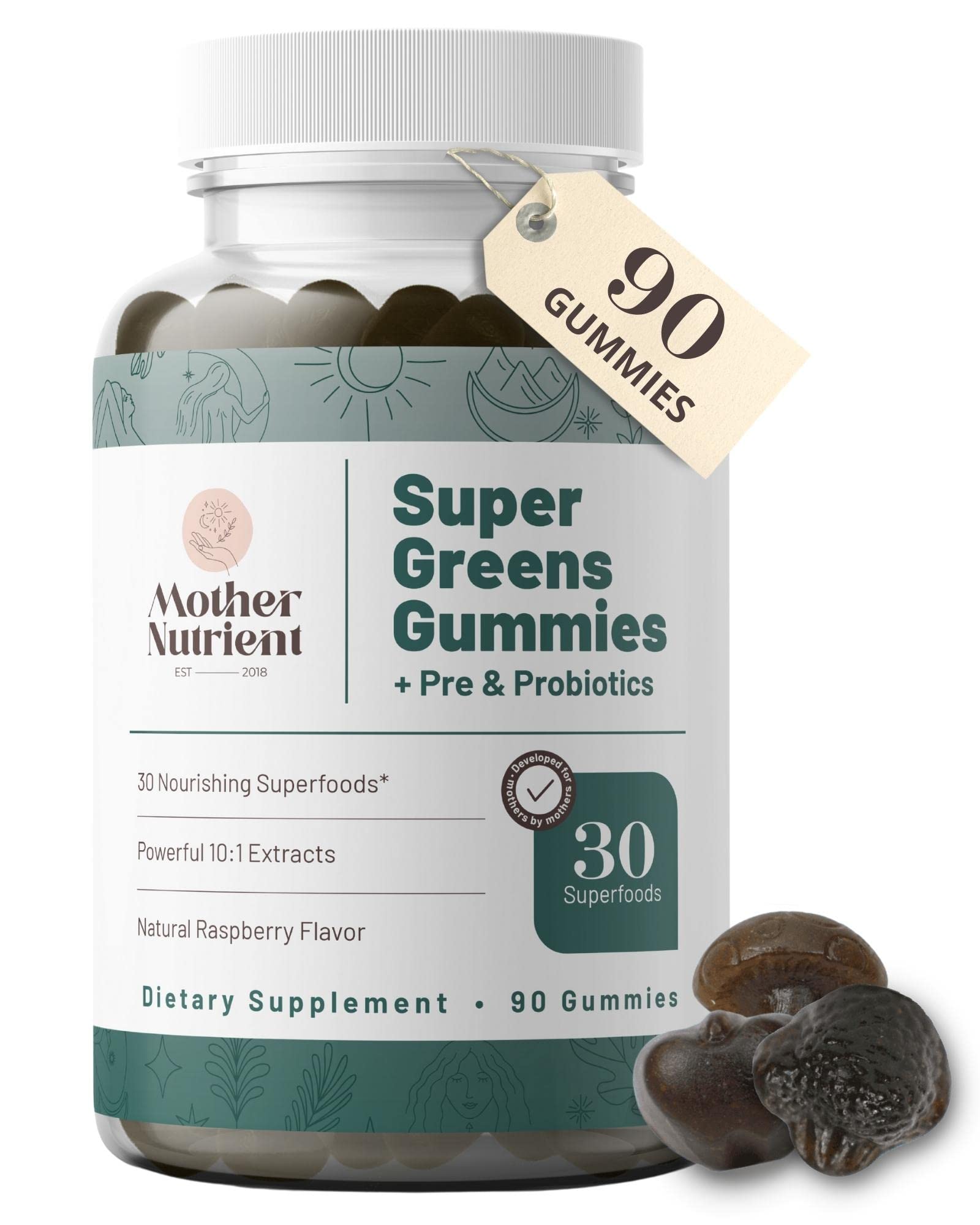 Mother Nutrient Super Greens Gummies bottle shown for daily wellness on the go.