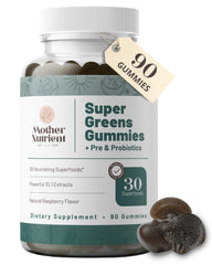 Mother Nutrient Super Greens Gummies bottle shown for daily wellness on the go.