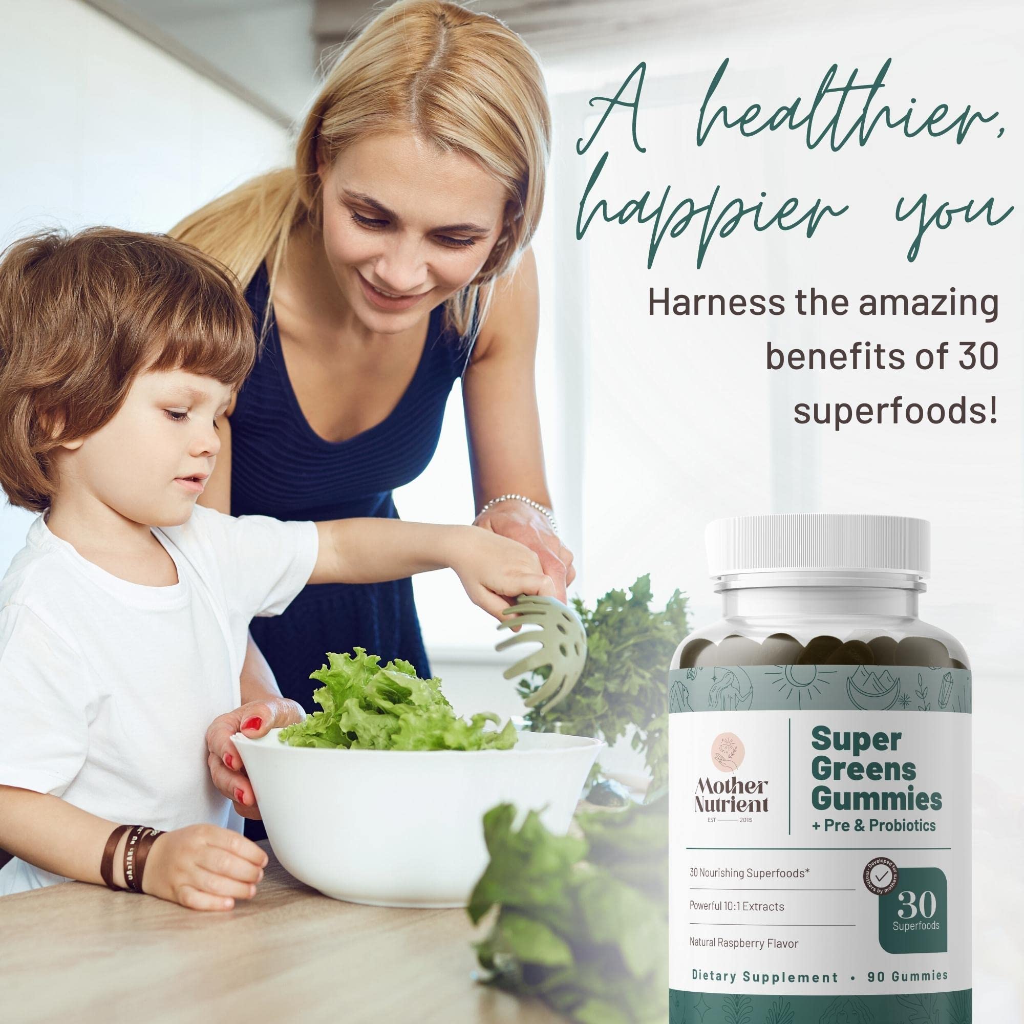 Close-up of the Mother Nutrient label highlighting 30 greens and clean ingredients.