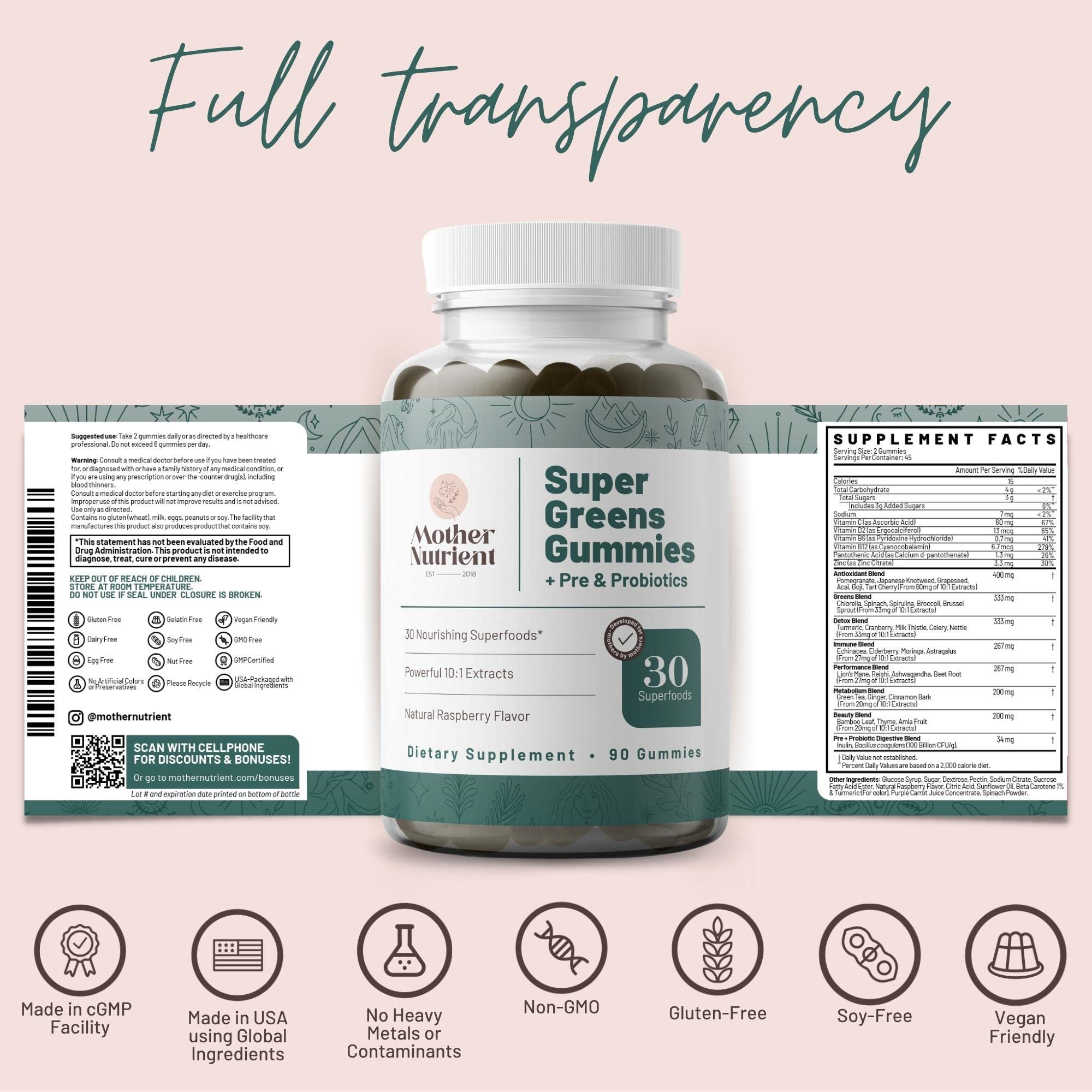 Ingredients panel of Mother Nutrient greens emphasizing 10:1 extracts.
