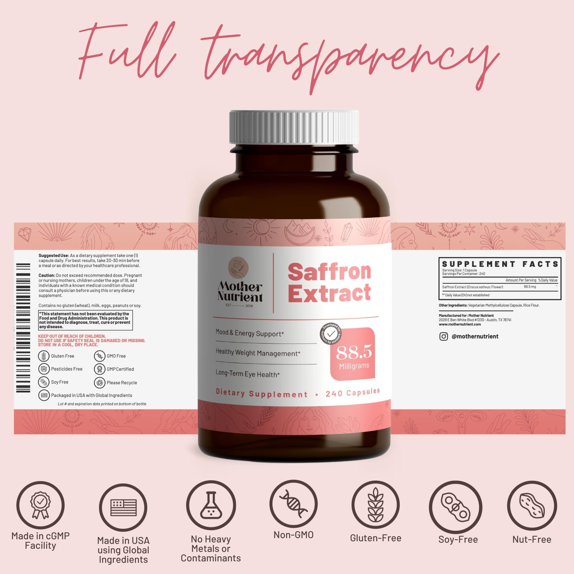 Mother Nutrient USA-made cgmp facility seal signifies trusted production.