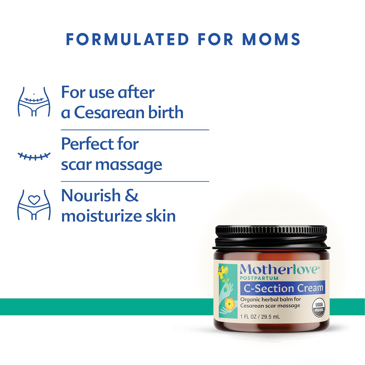 Motherlove C-Section Cream label cruelty-free seal highlights ethical skincare.