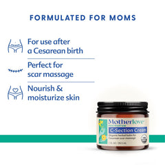 Motherlove C-Section Cream label cruelty-free seal highlights ethical skincare.