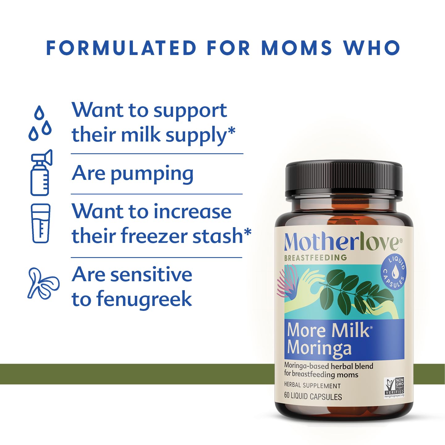 Motherlove More Milk Moringa label highlights organic non-GMO ingredients.
