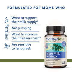 Motherlove More Milk Moringa label highlights organic non-GMO ingredients.