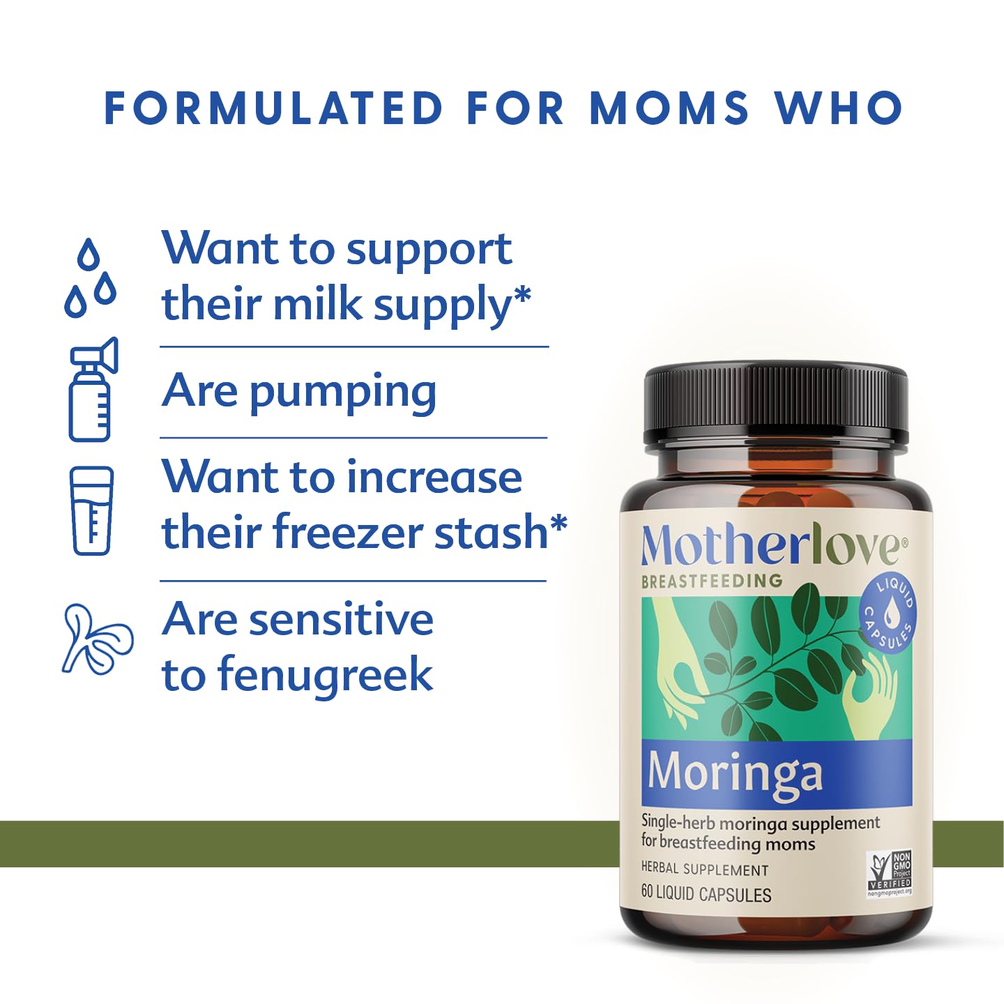 Motherlove Moringa bottle pour illustrating easy daily dosing for busy moms