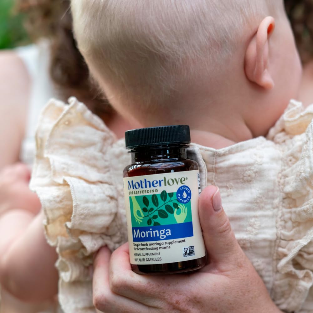 Motherlove Moringa bottle beside dried leaves to evoke organic sourcing