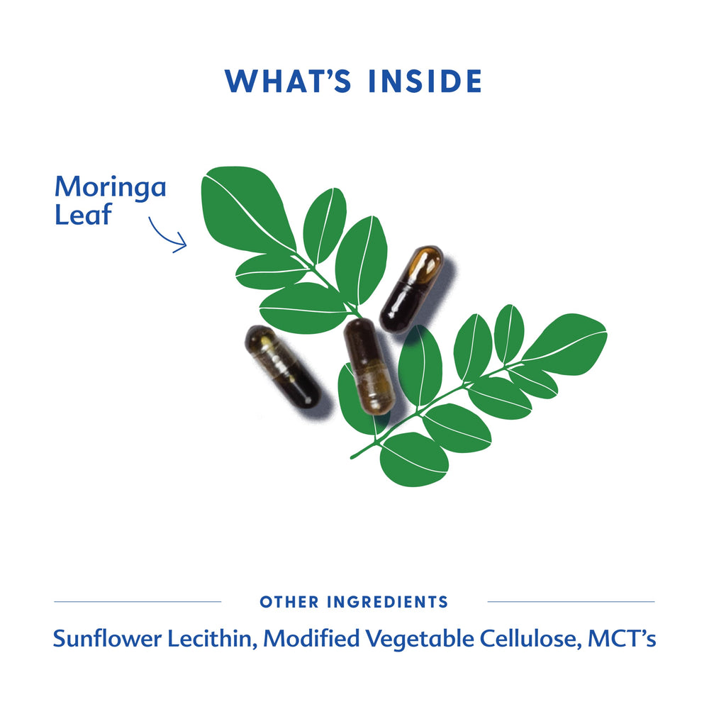 Motherlove Moringa capsules closeup highlighting vegan, organic herbal formula