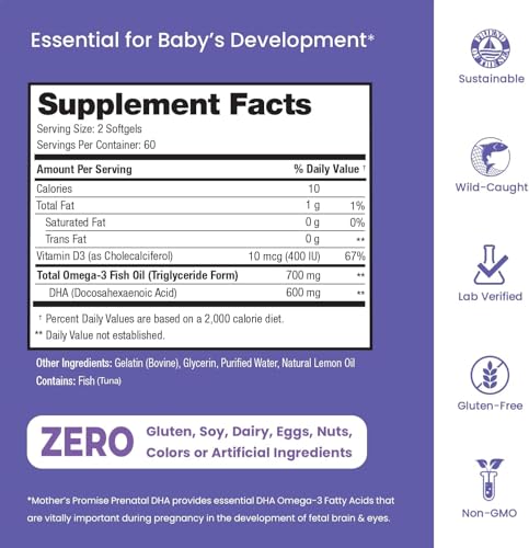 Mother's Promise Prenatal DHA bottle label highlighting vitamin D3 and omega-3 content