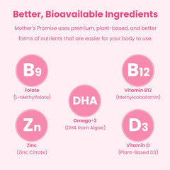 Mother's Promise prenatal DHA gummies label highlights vegan formula