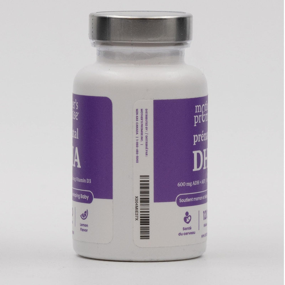 Mother's Promise Prenatal DHA packaging and insert on clean desk