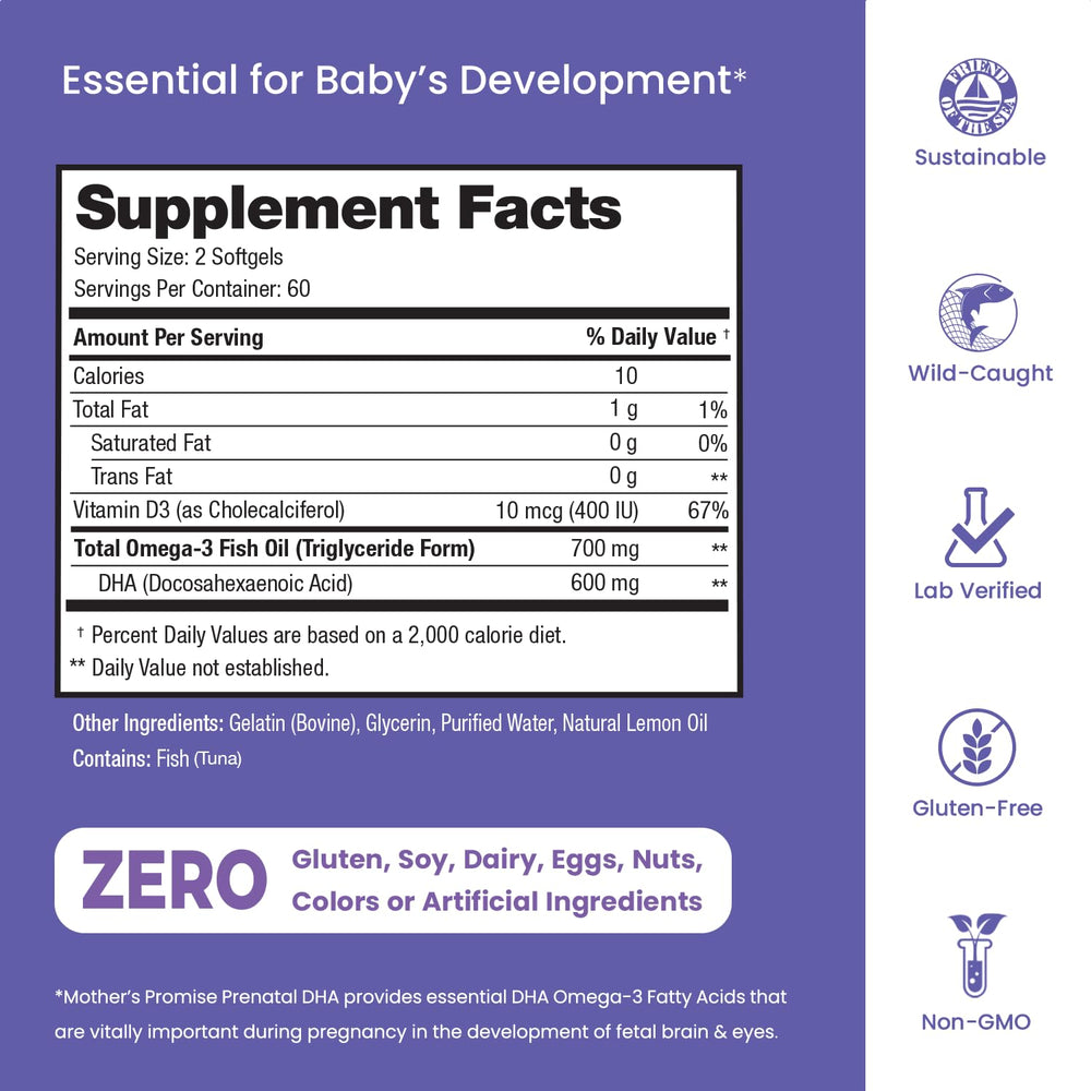 Mother's Promise Prenatal DHA softgels in hand for convenient daily routine