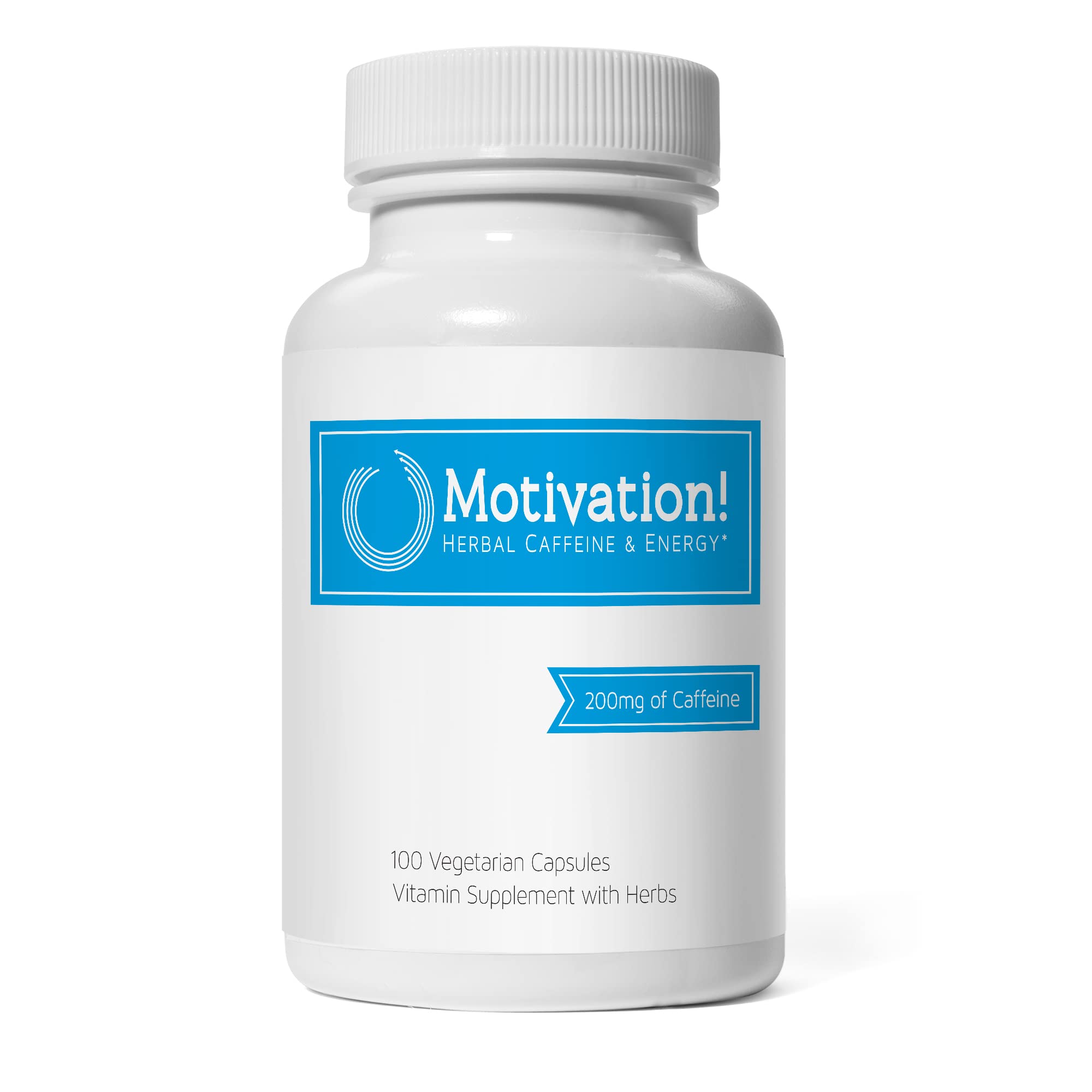 Motivation! herbal caffeine capsules in bottle for natural energy.
