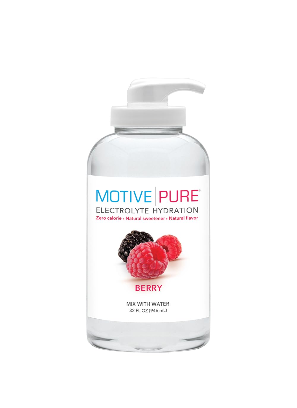 MOTIVE PURE Electrolyte Hydration Berry bottle front, zero-calorie hydration for on-the-go use.