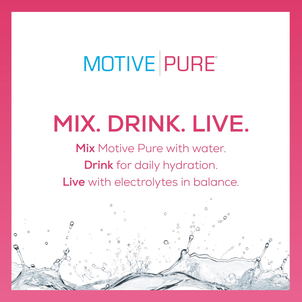 MOTIVE PURE Electrolyte Hydration Berry pump-action bottle, easy daily hydration.
