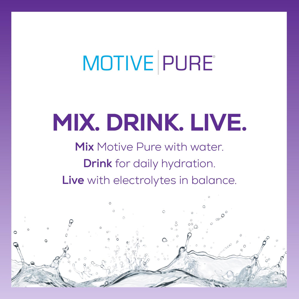 MOTIVE PURE grape electrolyte concentrate pouring into water for easy mixing.