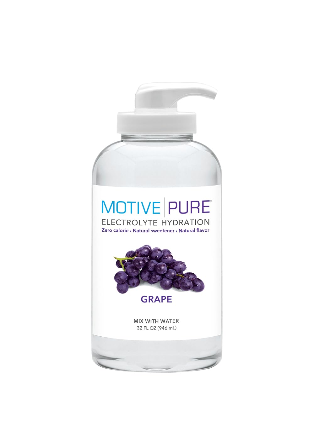 MOTIVE PURE grape electrolyte pump bottle ready for on-the-go hydration and zero-calorie flavor.
