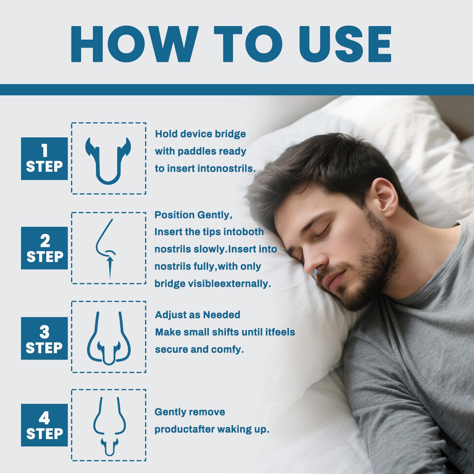 Mountain Land nasal dilators, blue bed scene, promote calm nighttime breathing.