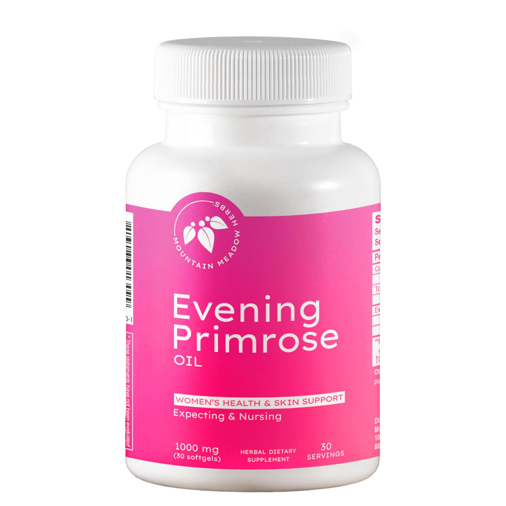 Mountain Meadow Herbs Evening Primrose Oil bottle shows 1,000 mg capsules for daily wellness.
