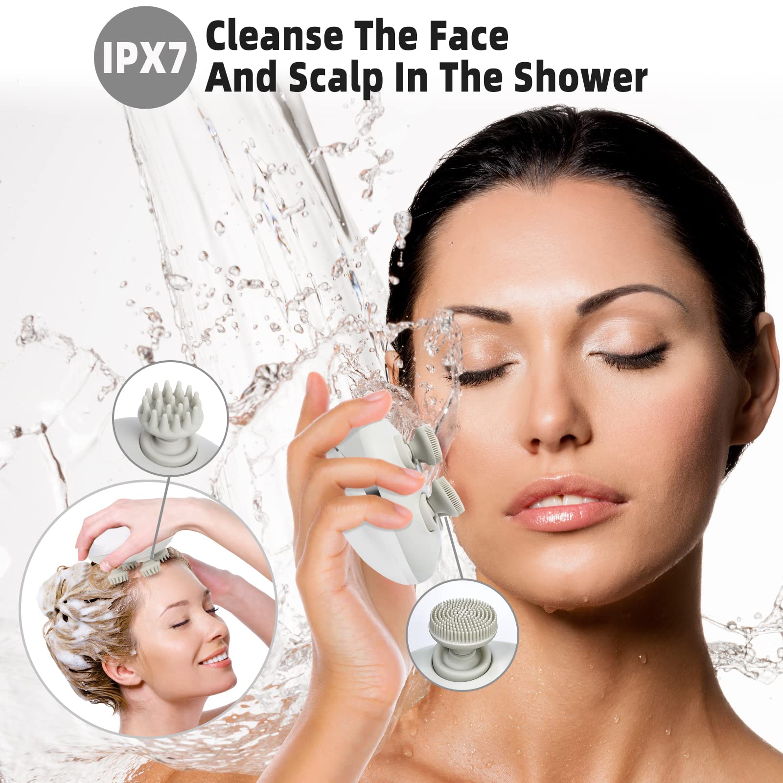 MOUNTRAX 5-in-1 scalp massager side view highlights dual massage heads for versatile use.