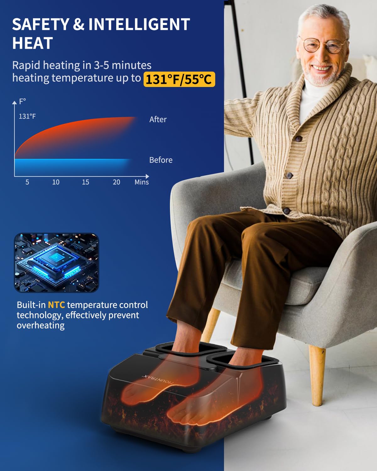 MOUNTRAX heat function reaches 131°F for warming, soothing massage.