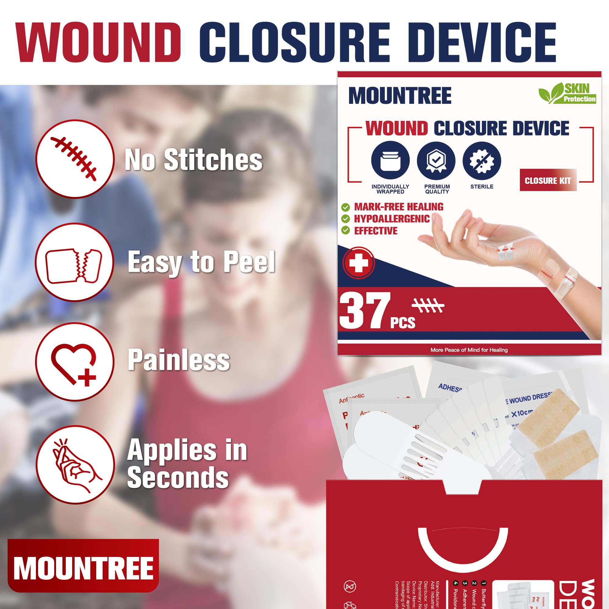 Mountree Laceration Closure Strips provide secure, needle-free support during outdoor activities.