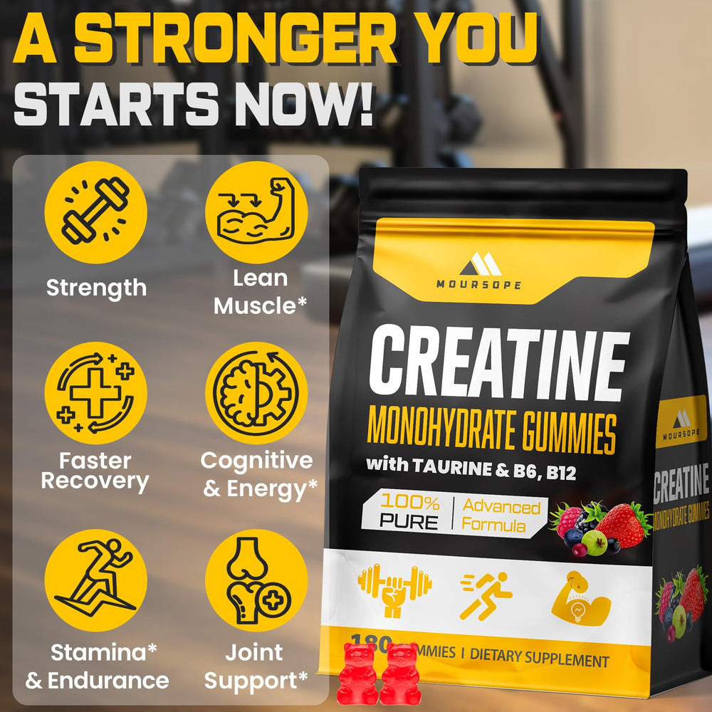 Moursope Creatine Monohydrate Gummies packaging highlights vegan, gluten-free option