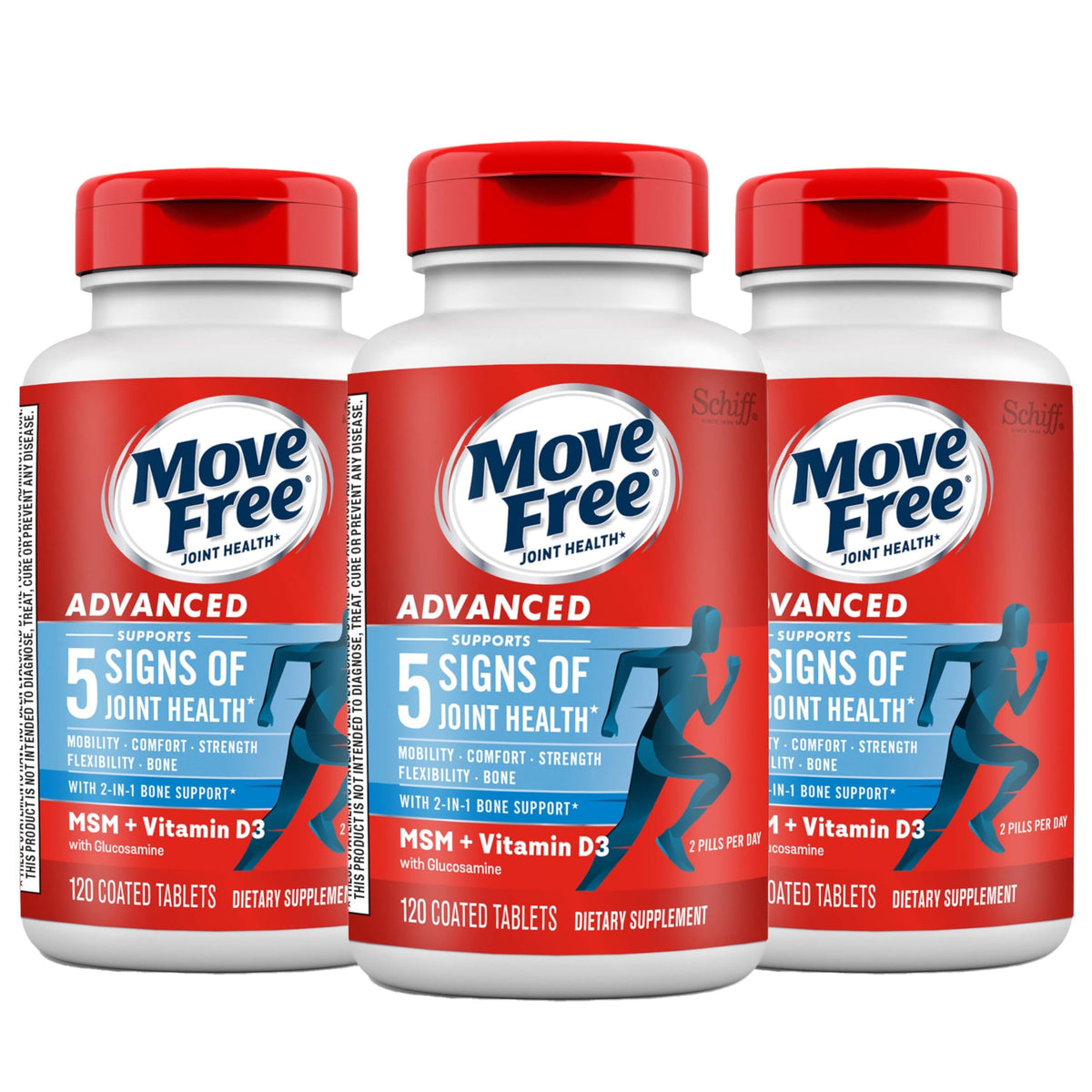 Move Free Advanced bottle front with branding and serving count for daily use.