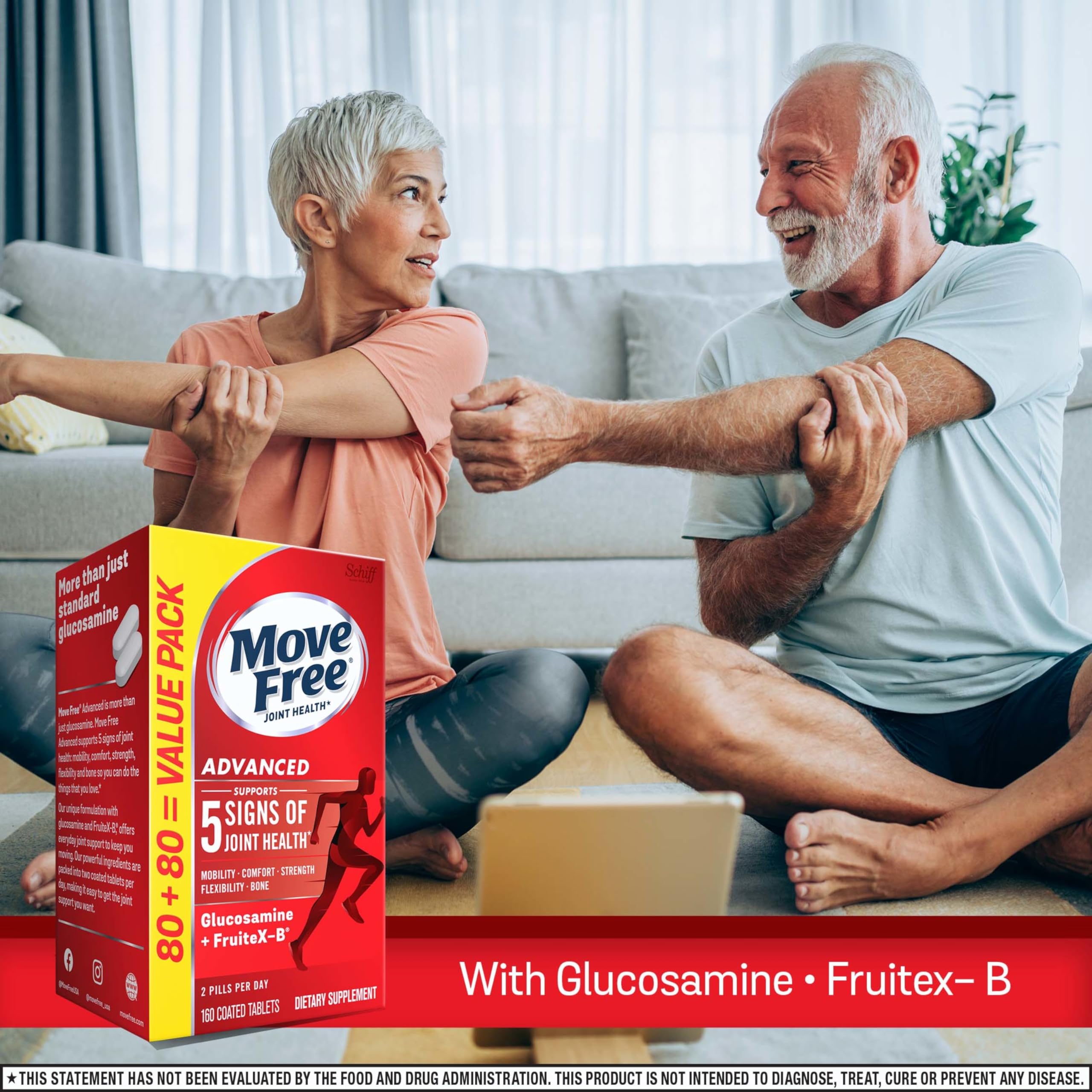 Move Free Advanced bottle label highlights glucosamine, chondroitin, and Uniflex ingredients.