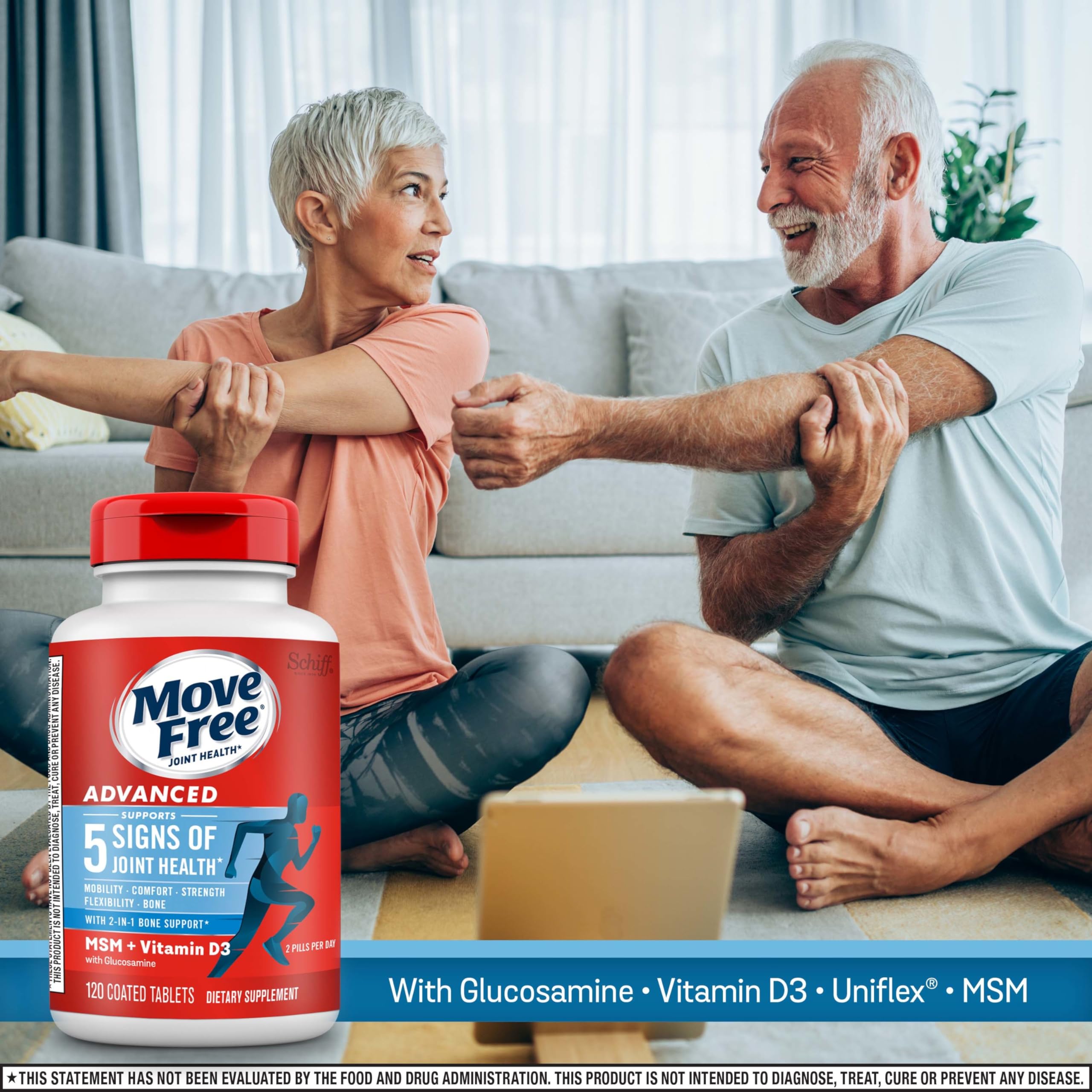 Move Free Advanced bottle side label detailing ingredients and dosage information.