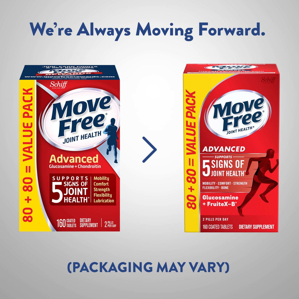 Move Free Advanced glucosamine chondroitin capsules highlight key joint building blocks.