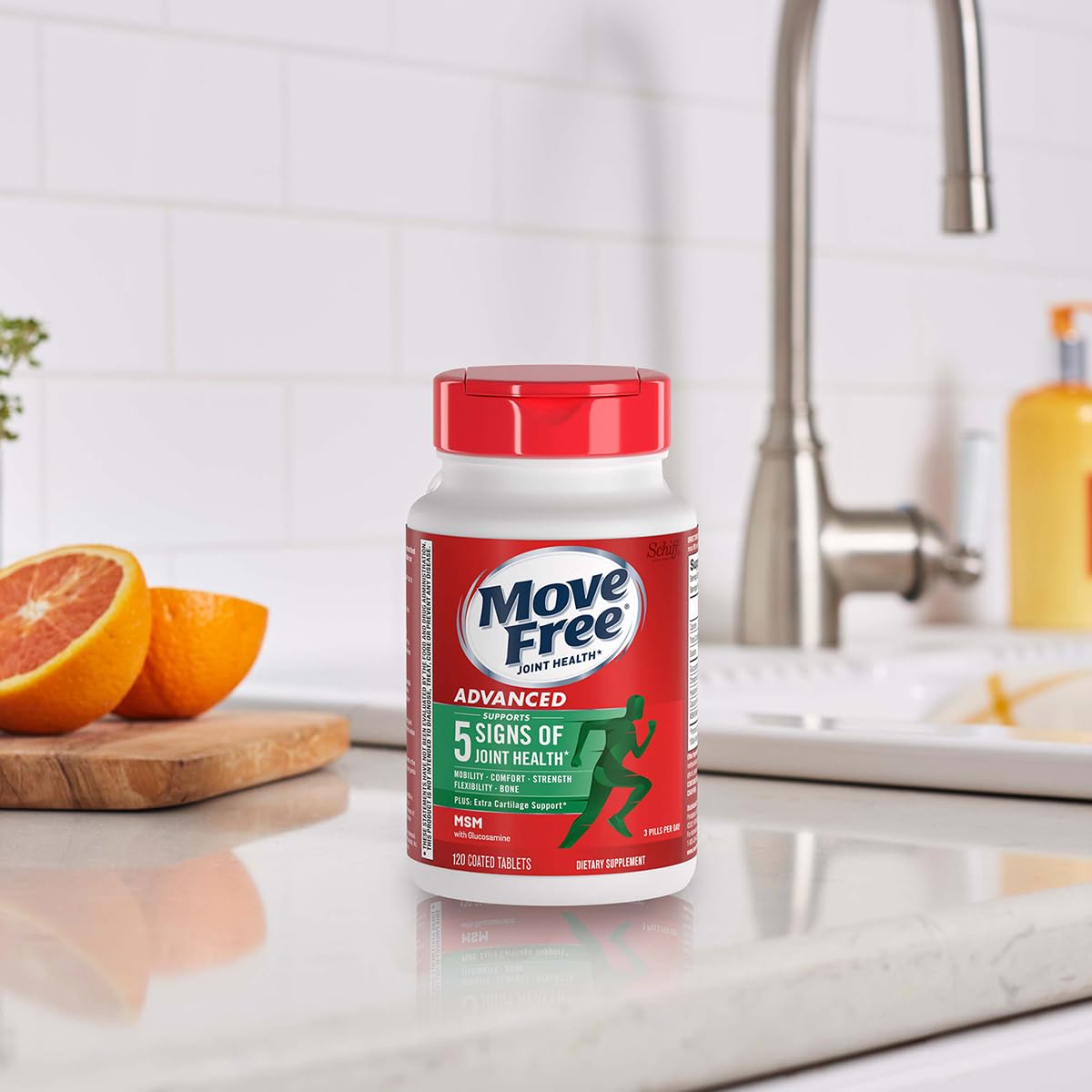 Close-up of Move Free Advanced Plus tablets with active lifestyle background.