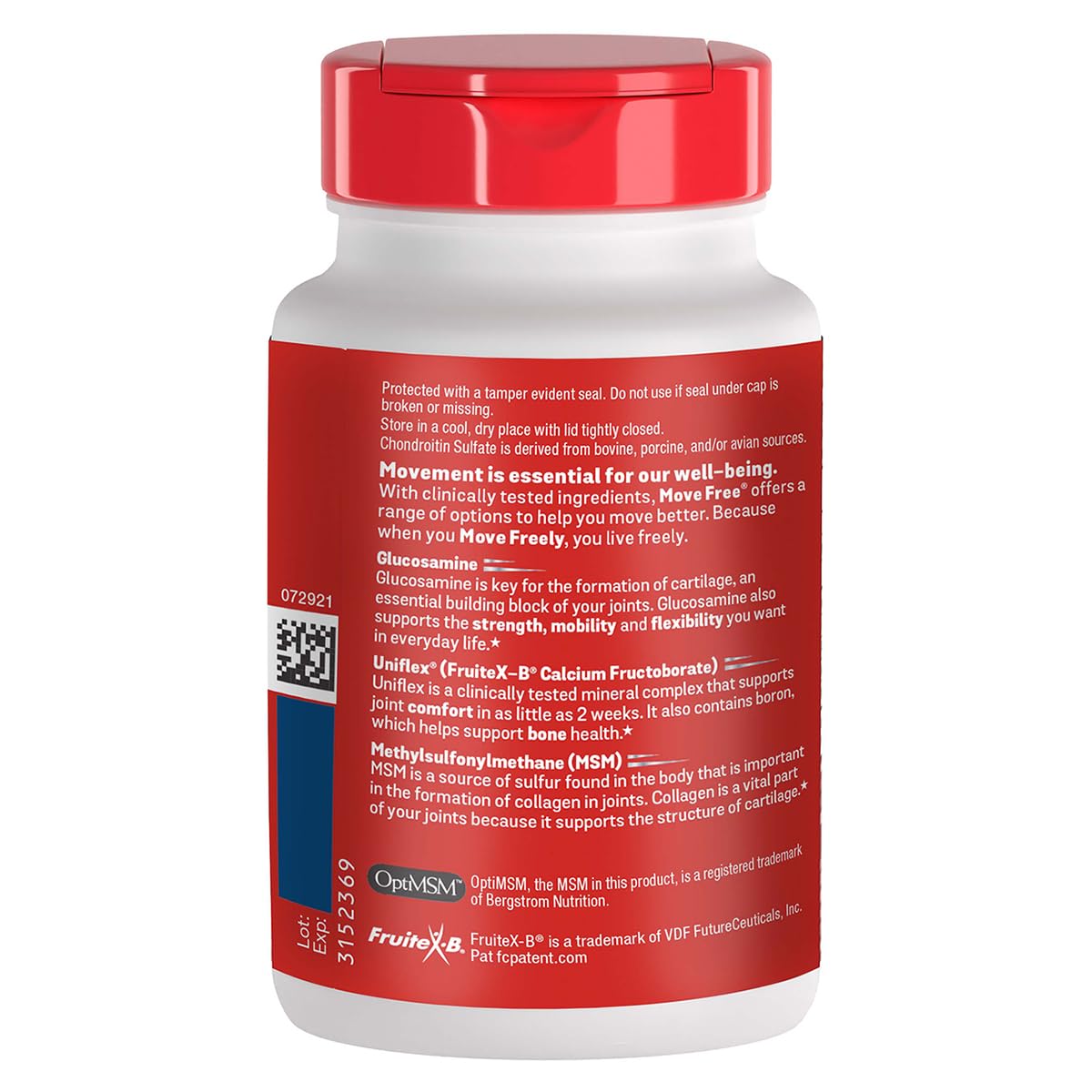 Move Free Advanced Plus bottle showing Uniflex mineral complex for potential comfort.