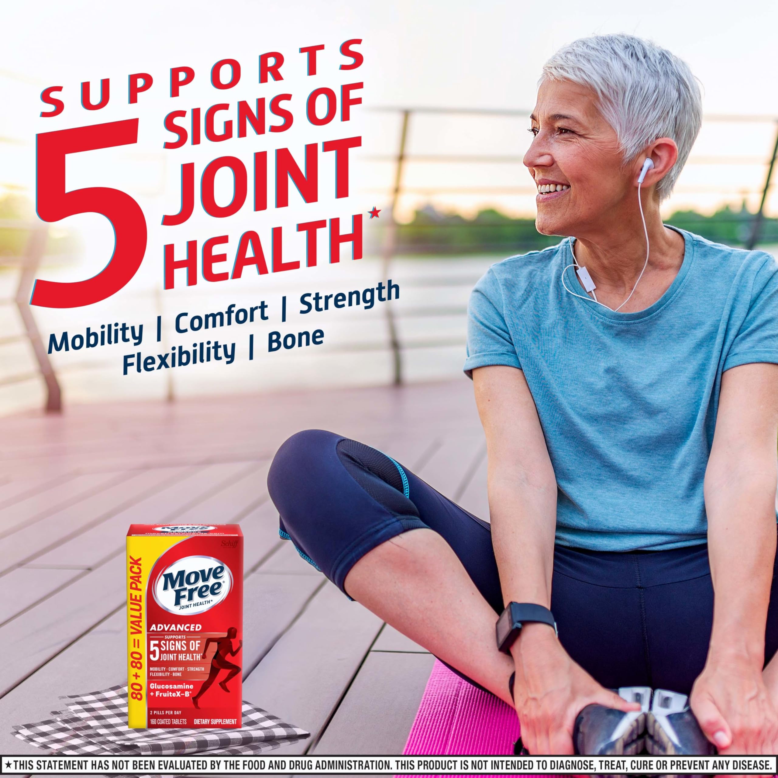 Move Free Advanced Uniflex mineral complex illustration emphasizes a clinically tested comfort boost.