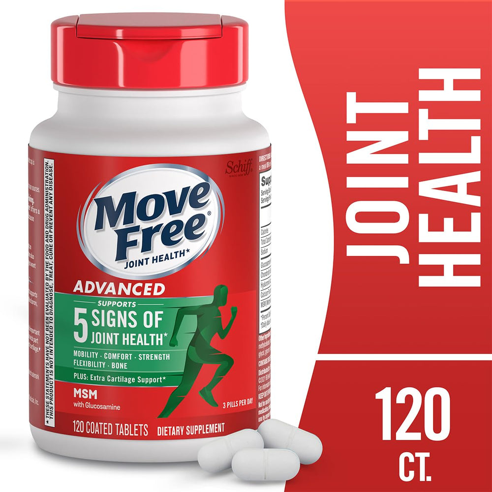 Move Free Advanced joint supplement bottle back view showing servings and benefits.