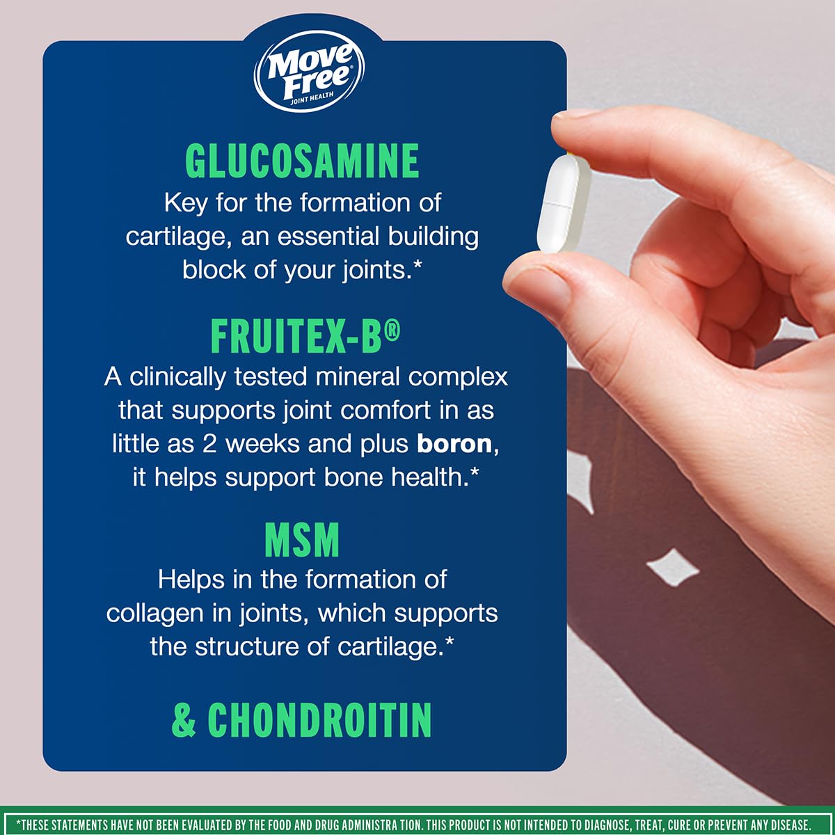 Move Free Advanced label close-up with ingredients and serving size.