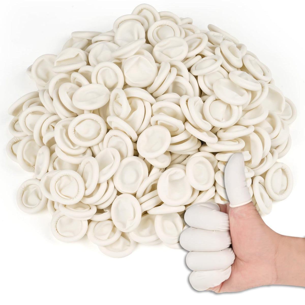 MOWPOG finger cots disposable medium pack highlights 390pcs for long-lasting fingertip protection.