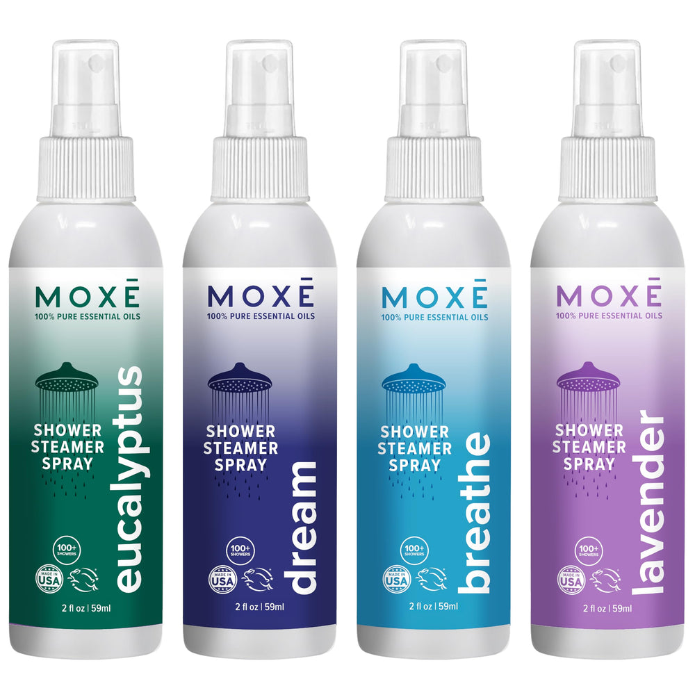 MOXE Aromatherapy Shower Mist Eucalyptus bottle for an energizing morning shower
