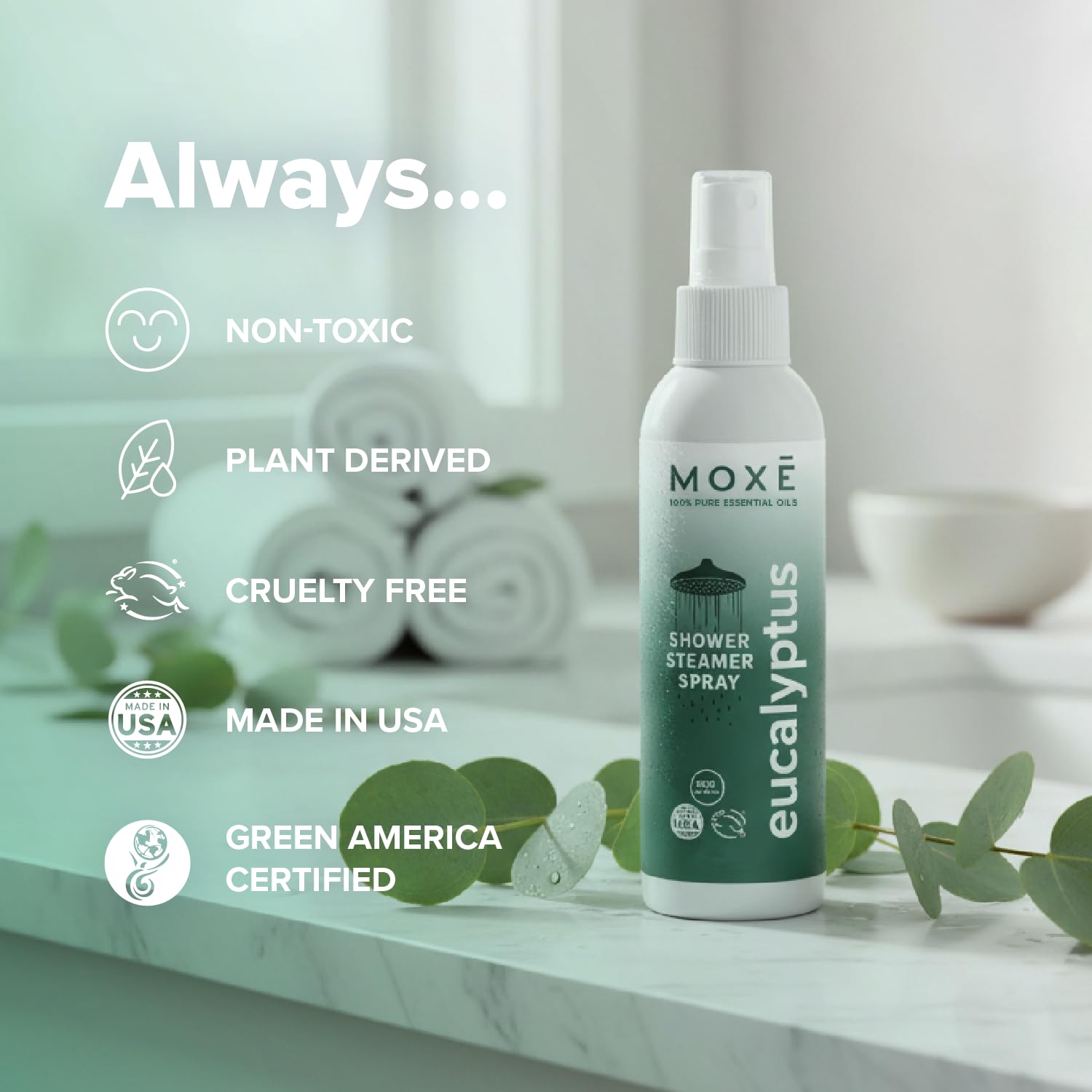 MOXE bottle on sink ready to start a spa moment at home