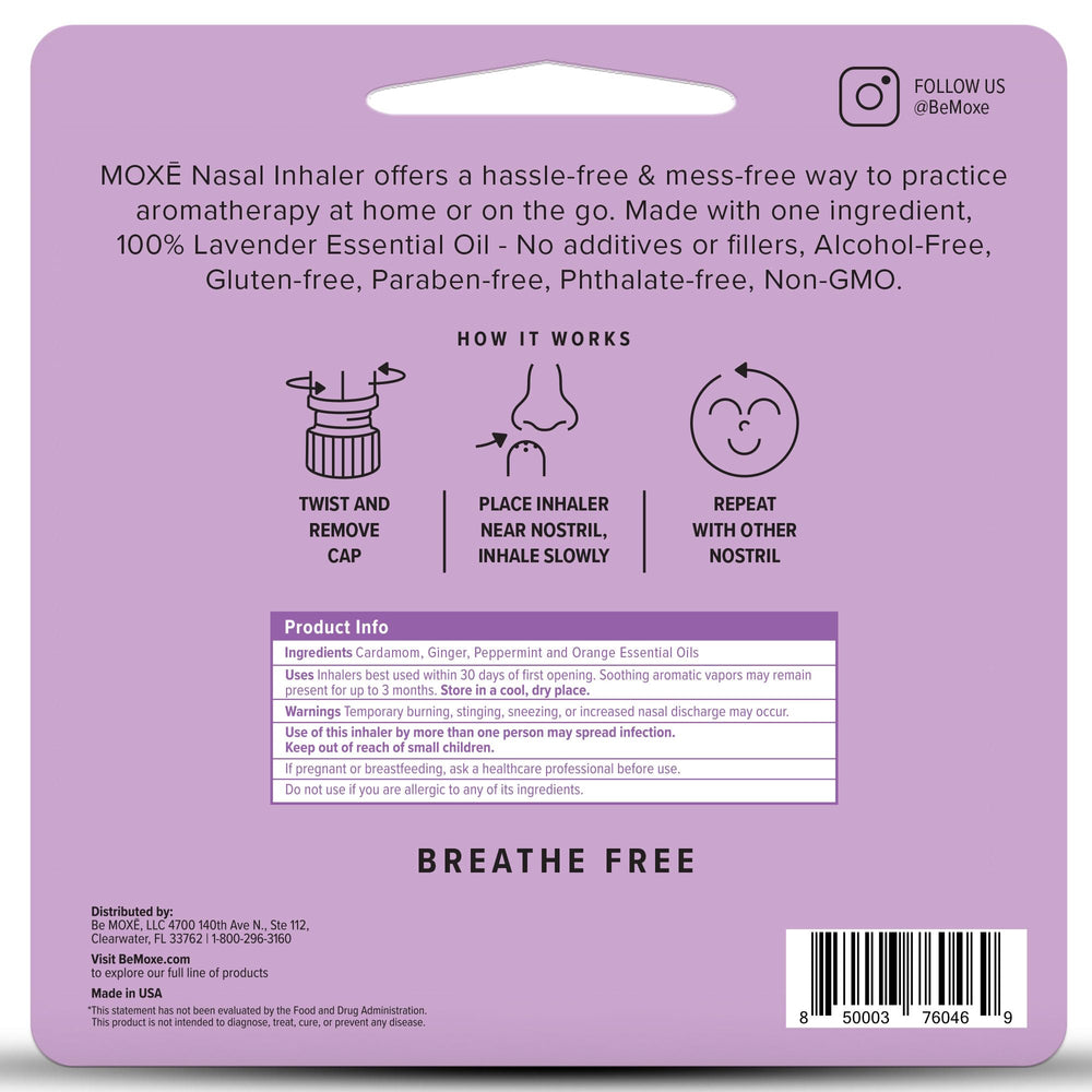 MOXĒ lavender inhaler held in hand demonstrates discreet, no-mess use.