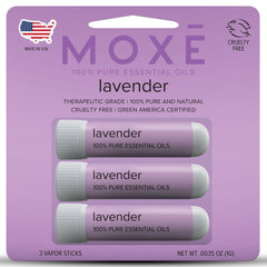 MOXĒ lavender inhaler packaging showcases portable aromatherapy for on-the-go calm.