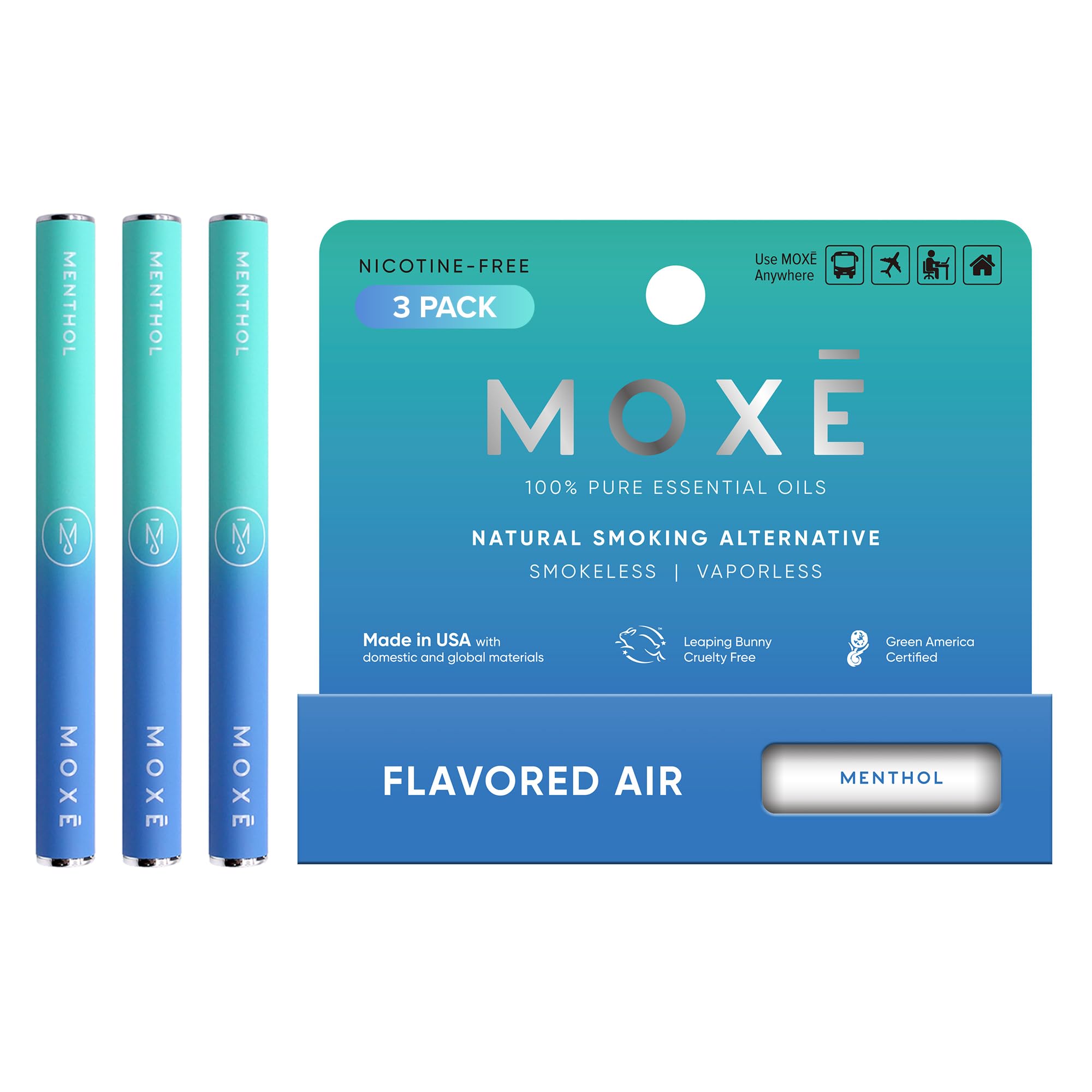 MOXE natural menthol air inhaler front view; compact design for easy daily portability.