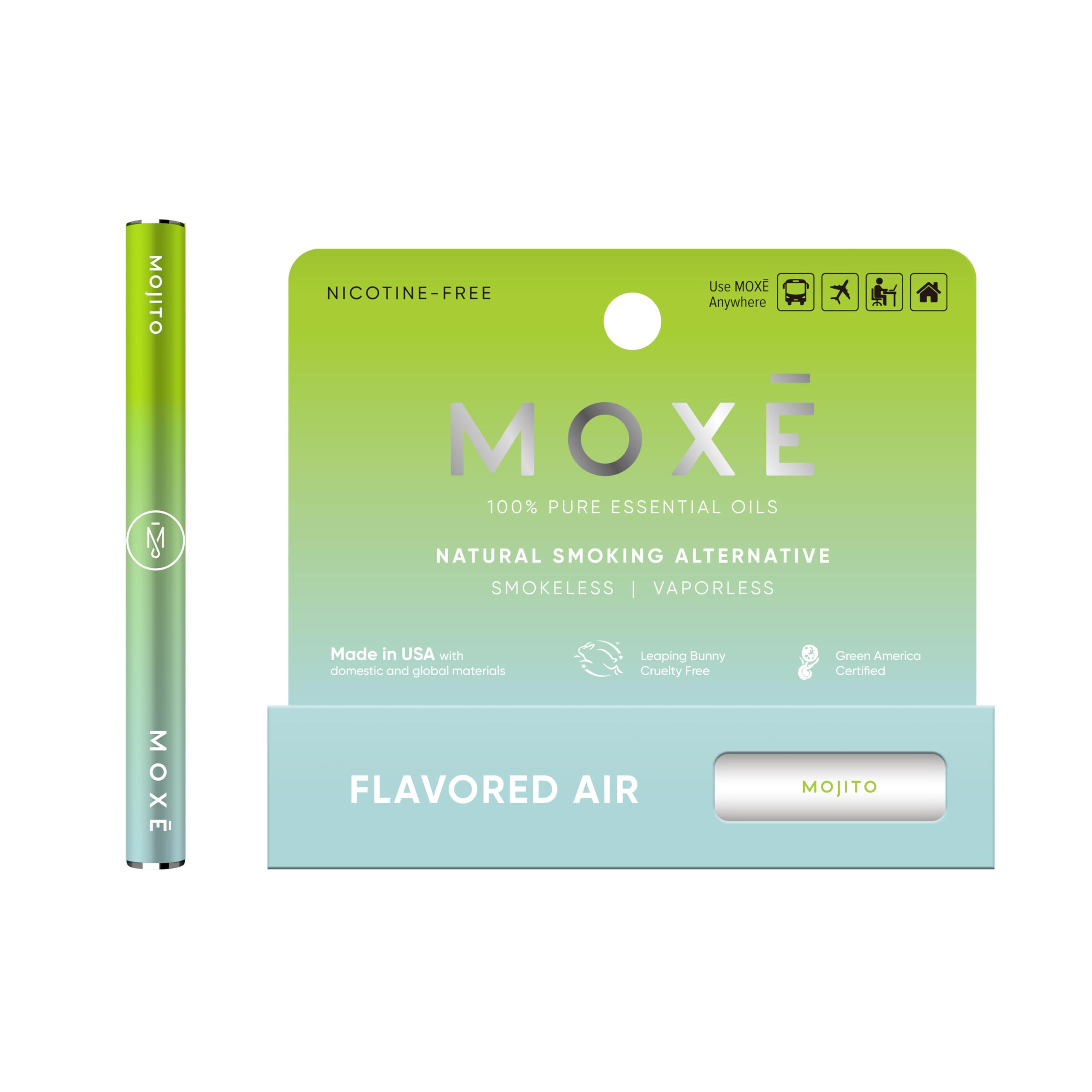 MOXE Natural Mojito Air Inhaler packaging highlights compact, travel-ready aromatherapy.